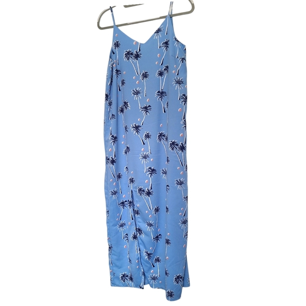 BLUE TROPICAL A-LINE LONG MAXI DRESS C&‎ E SIZE M baby blue palm trees